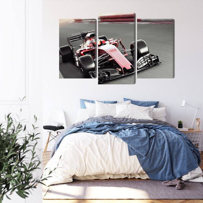Obraz Wieloczęściowy Samochód F1 Na Torze – dynamiczna scena wyścigowa do wnętrz nowoczesnych i industrialnych – widok 2
