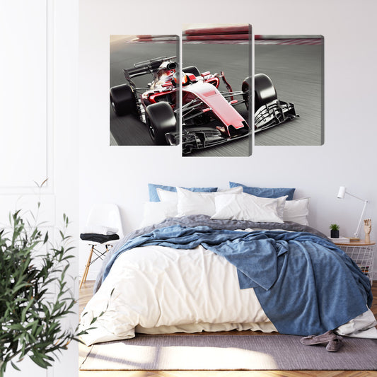 Obraz Wieloczęściowy Samochód F1 Na Torze – dynamiczna scena wyścigowa do wnętrz nowoczesnych i industrialnych – widok 2