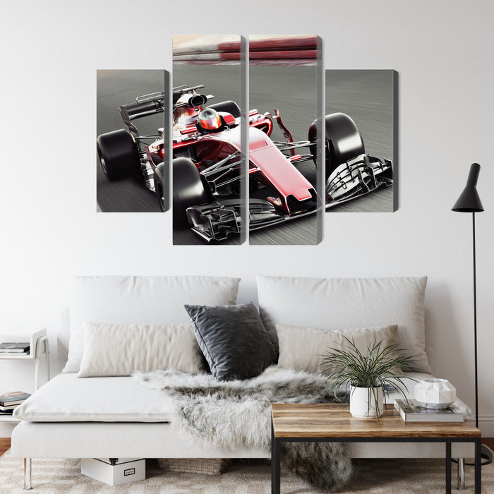 Obraz Wieloczęściowy Samochód F1 – Dynamiczny wyścig do wnętrz nowoczesnych, industrialnych i sportowych – widok 3