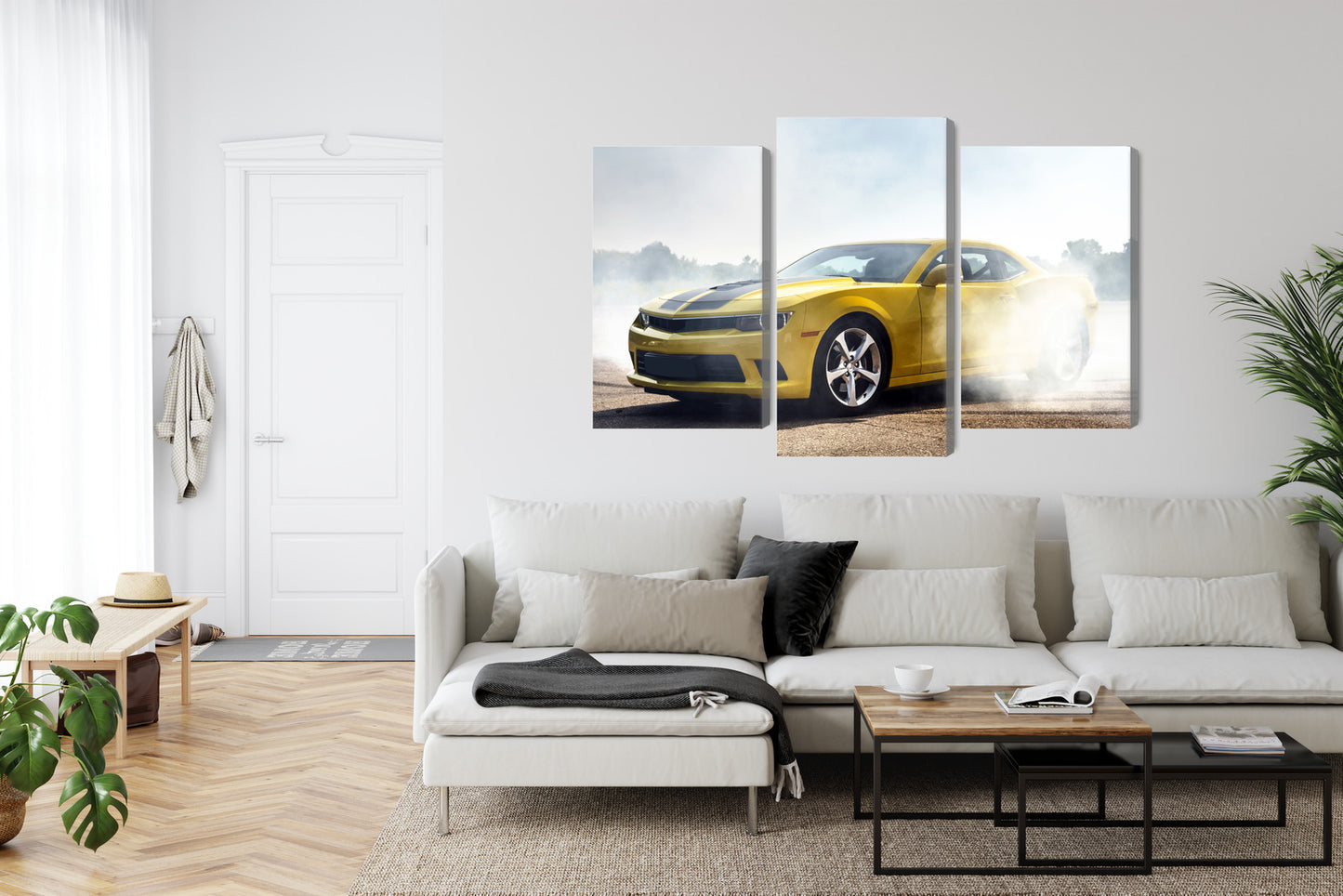 Obraz Wieloczęściowy Żółty Samochód 3D – nowoczesny akcent do wnętrz loft i modern vintage – widok 5