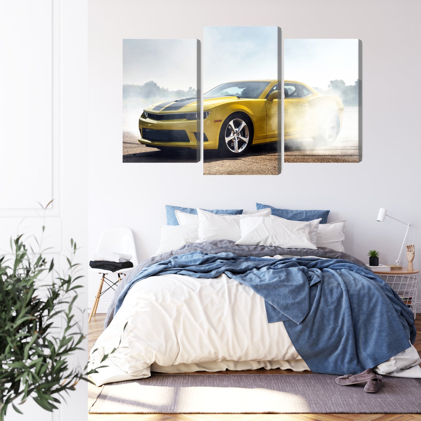 Obraz Wieloczęściowy Żółty Samochód 3D – nowoczesny akcent do wnętrz loft i modern vintage – widok 2