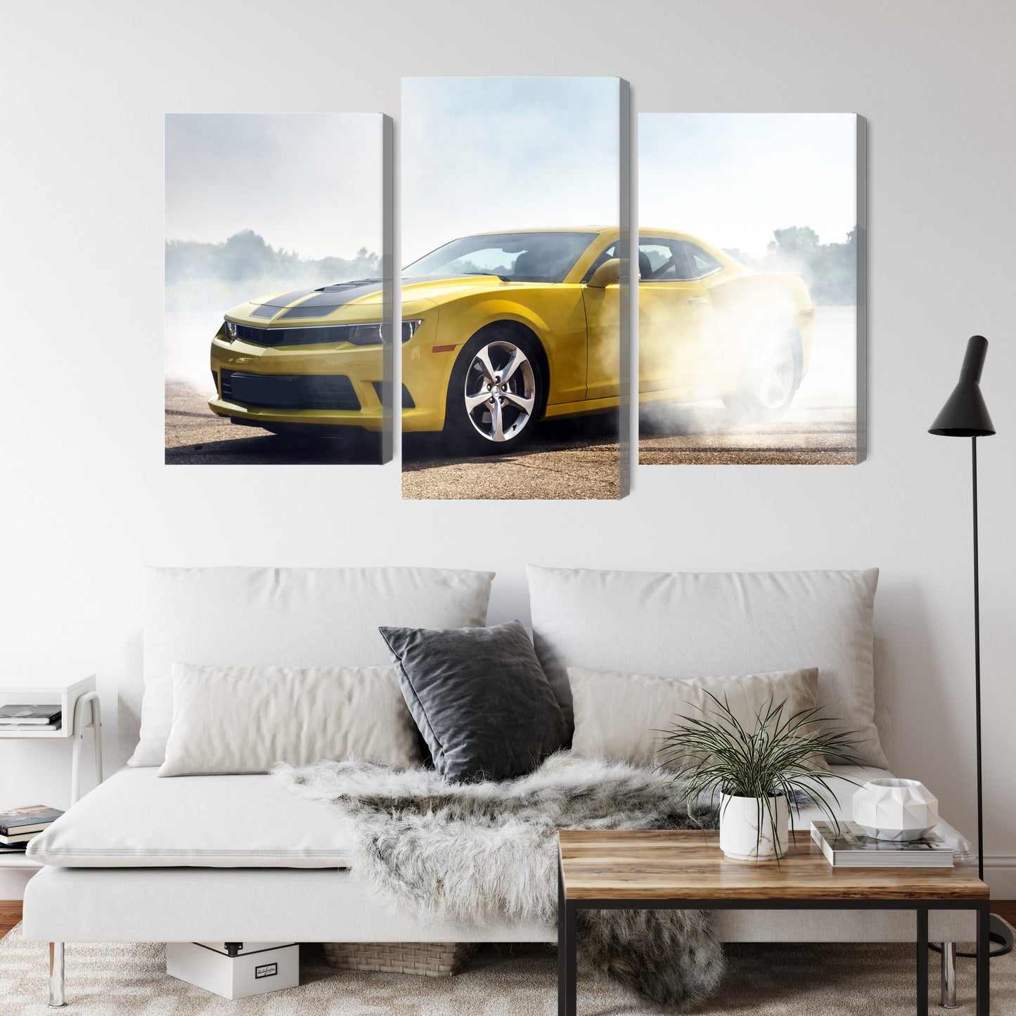 Obraz Wieloczęściowy Żółty Samochód 3D – nowoczesny akcent do wnętrz loft i modern vintage – widok 3