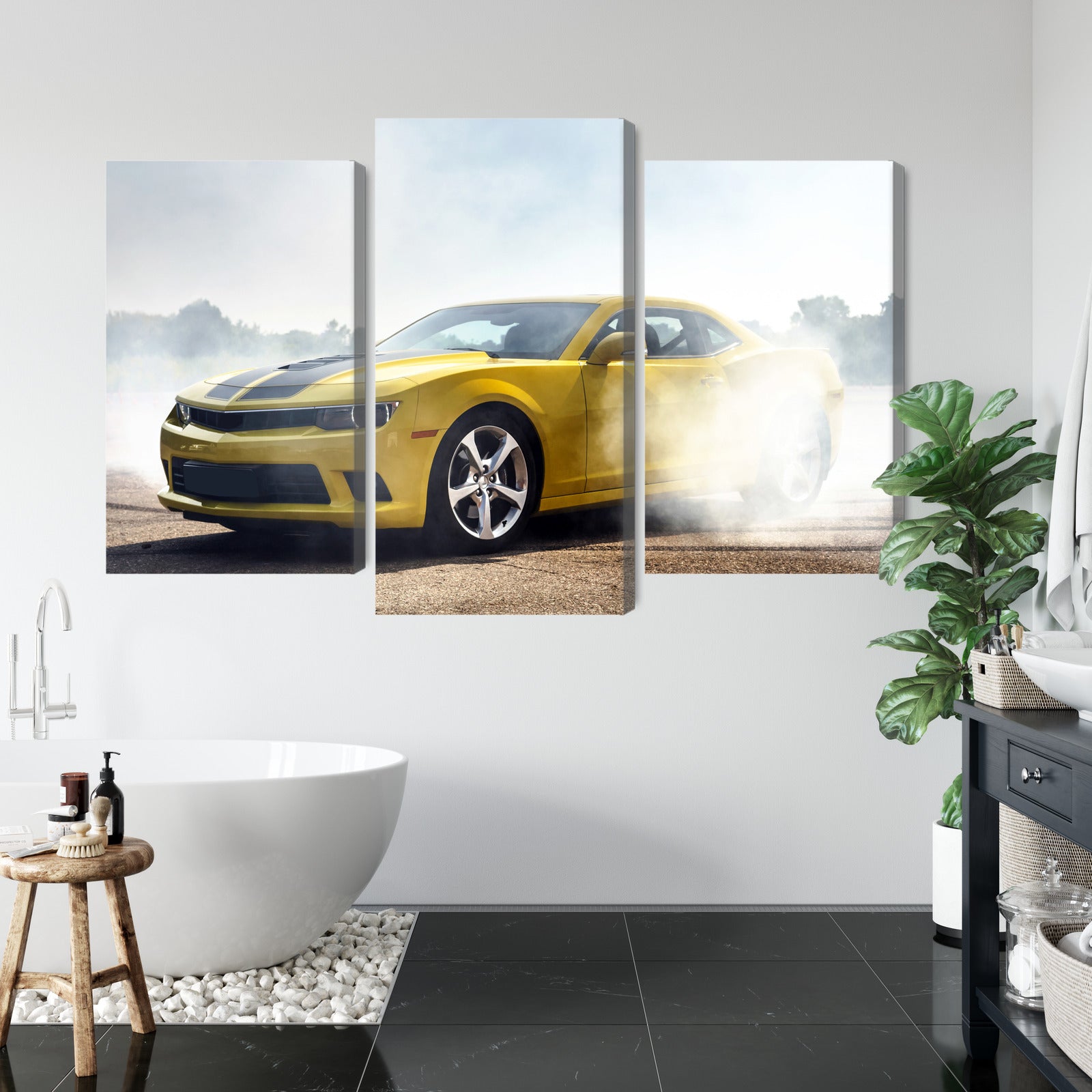 Obraz Wieloczęściowy Żółty Samochód 3D – nowoczesny akcent do wnętrz loft i modern vintage – widok 4