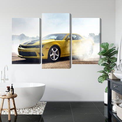 Obraz Wieloczęściowy Żółty Samochód 3D – nowoczesny akcent do wnętrz loft i modern vintage – widok 4
