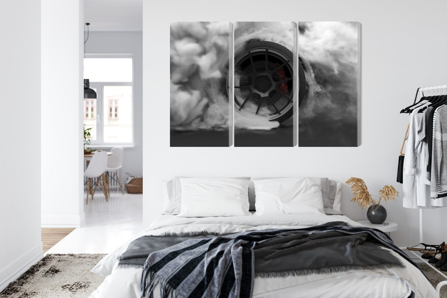 Obraz Wieloczęściowy Koło Samochodu w Dymie – dynamiczna kompozycja do wnętrz loftowych i nowoczesnych – widok 6
