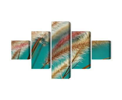Obraz Wieloczęściowy Kłosy Zbóż – natura w detalu do wnętrz nowoczesnych i boho – 5 części (150x90–250x150 cm) – układ paneli