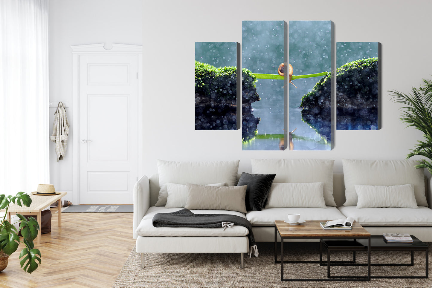 Obraz Wieloczęściowy Ślimak w Deszczu – naturalny spokój do wnętrz biophilic, japandi i minimalistycznych – widok 5