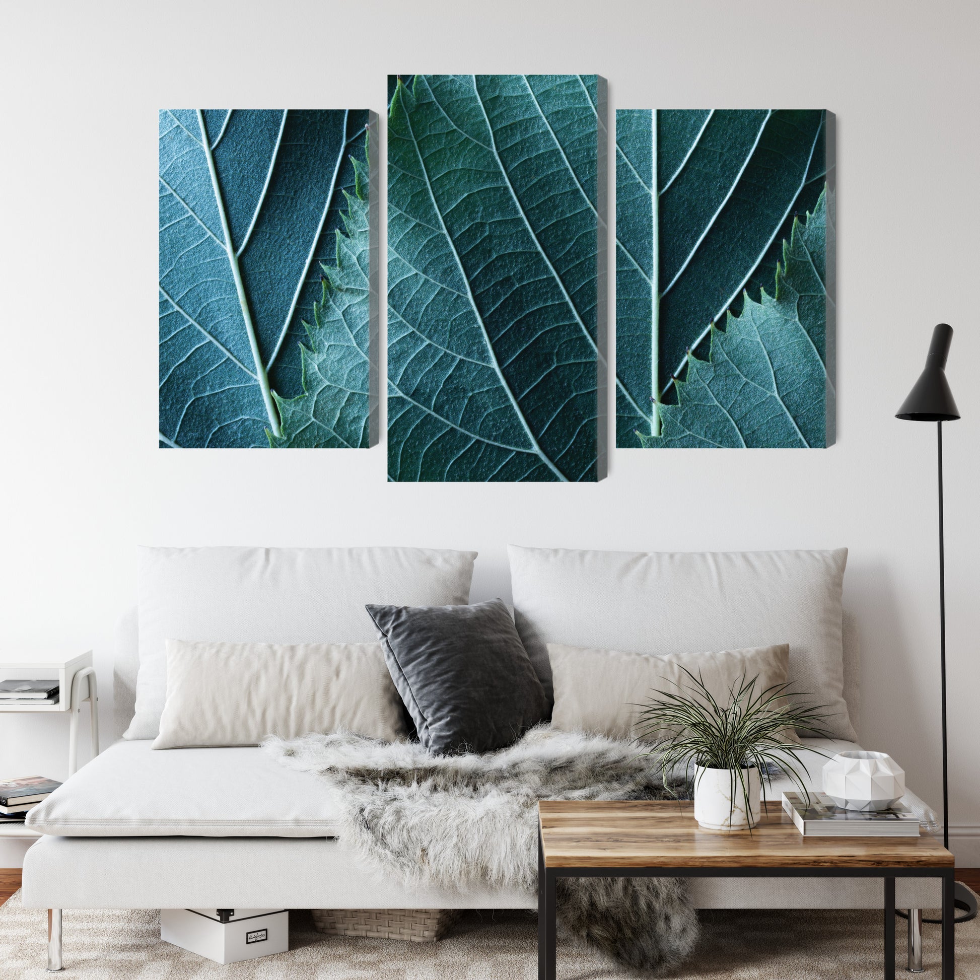 Obraz Wieloczęściowy Liście Makro – głębia zieleni 3D do wnętrz skandynawskich, urban jungle i nowoczesnych – widok 3