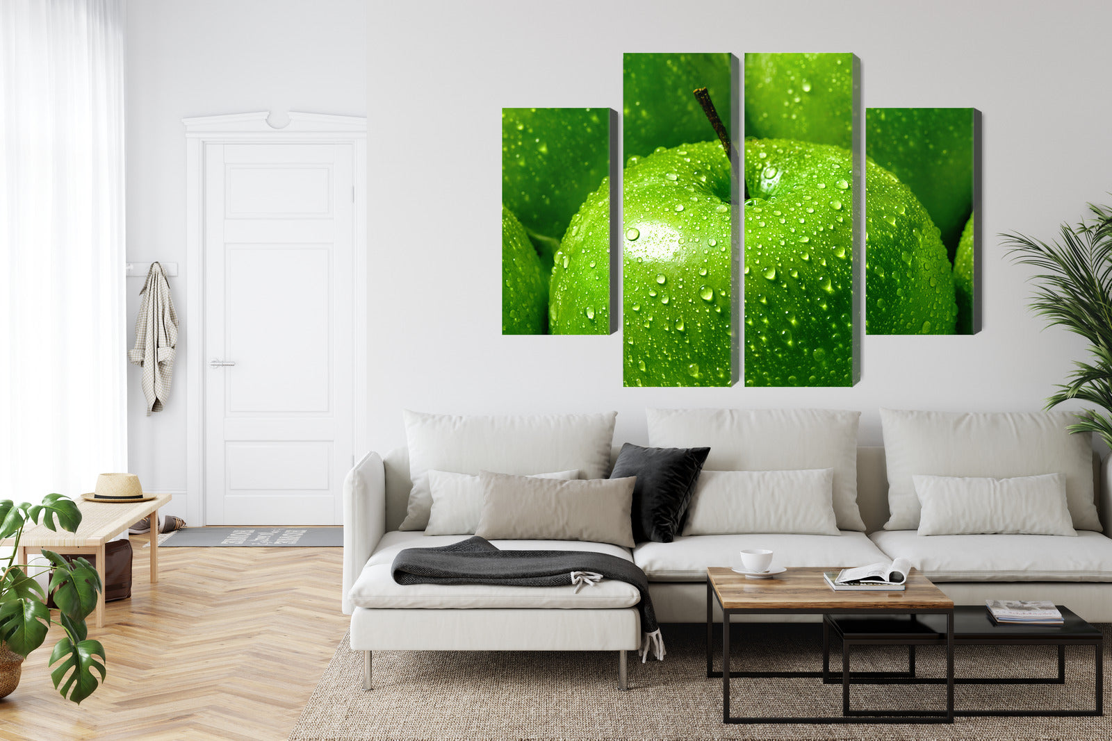 Obraz Wieloczęściowy Zielone Jabłka – świeża makro kompozycja do wnętrz nowoczesnych, minimalistycznych i biophilic – widok 5