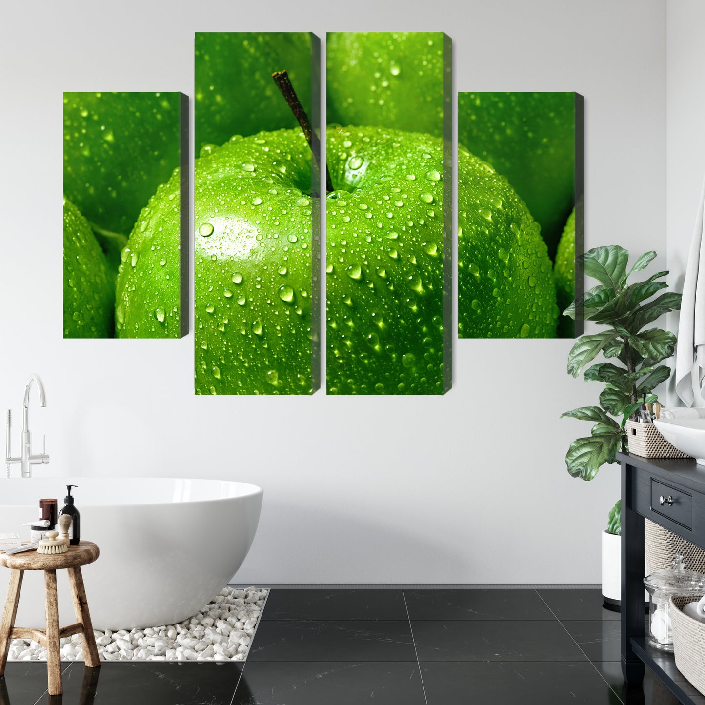Obraz Wieloczęściowy Zielone Jabłka – świeża makro kompozycja do wnętrz nowoczesnych, minimalistycznych i biophilic – widok 4
