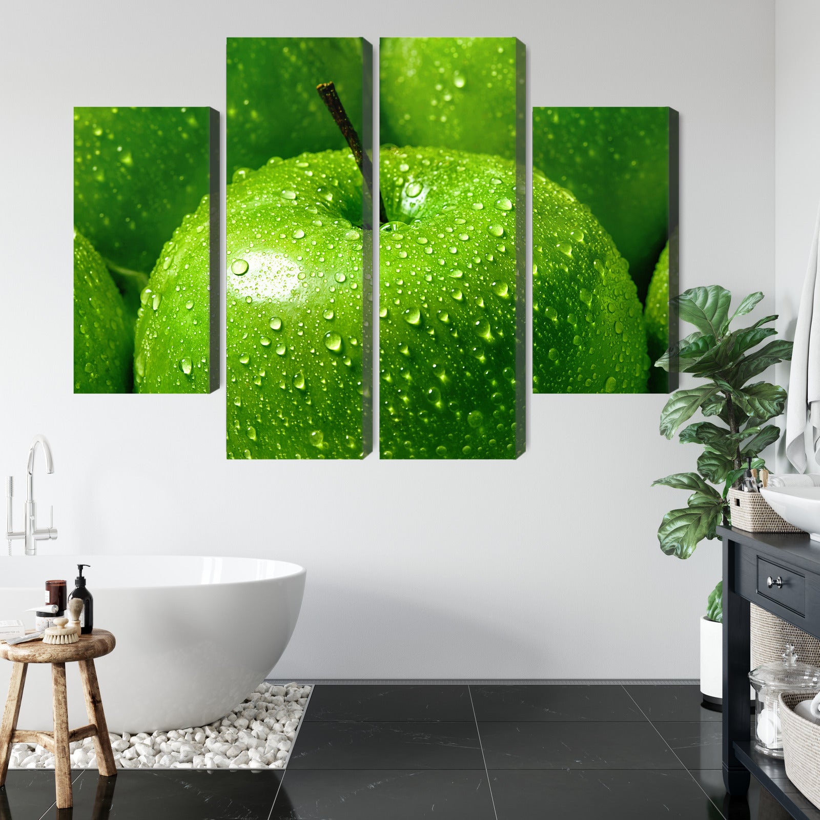 Obraz Wieloczęściowy Zielone Jabłka – świeża makro kompozycja do wnętrz nowoczesnych, minimalistycznych i biophilic – widok 4