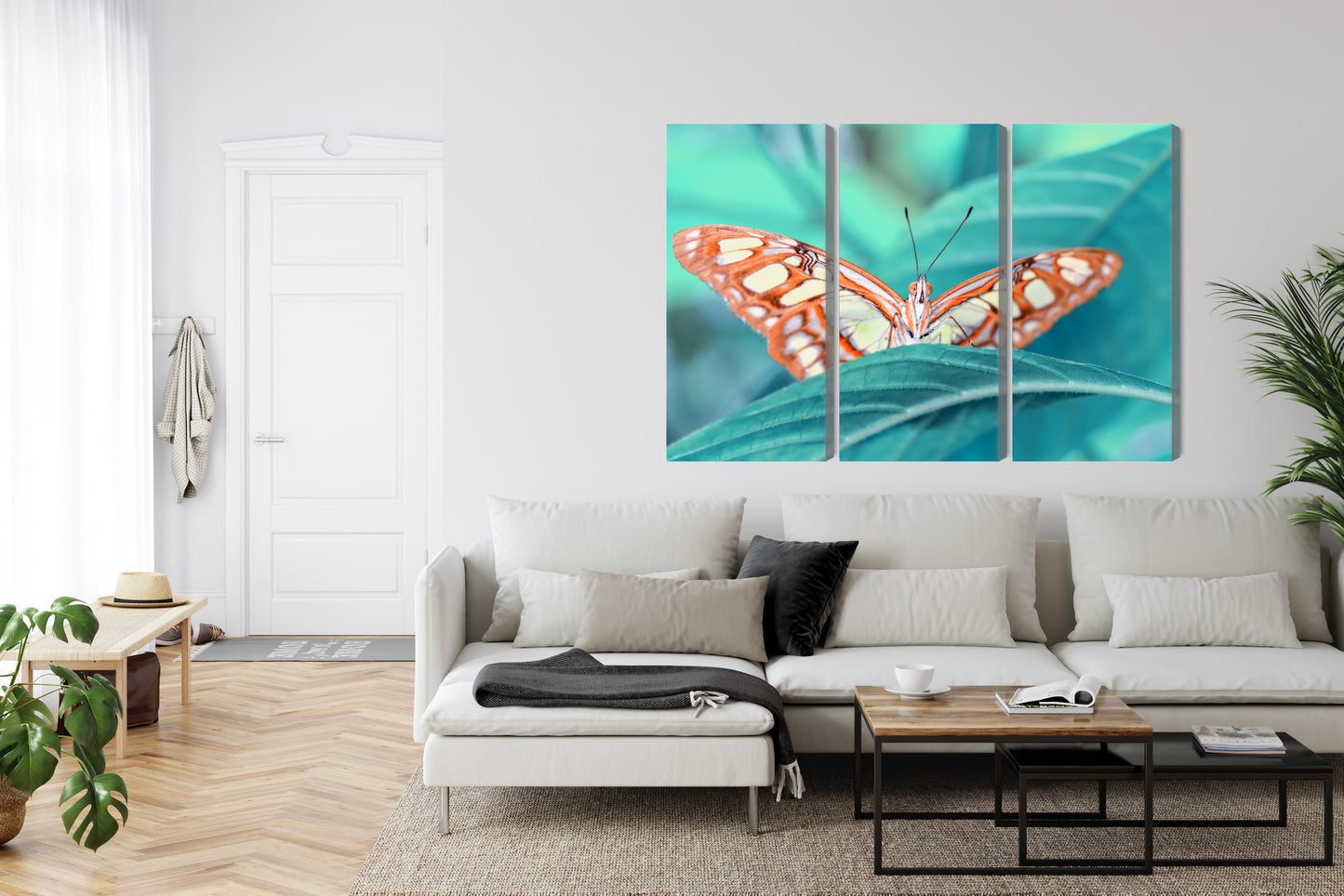 Obraz Wieloczęściowy Motyl na Liściu – botaniczny spokój do wnętrz naturalnych, skandynawskich i eko – widok 5