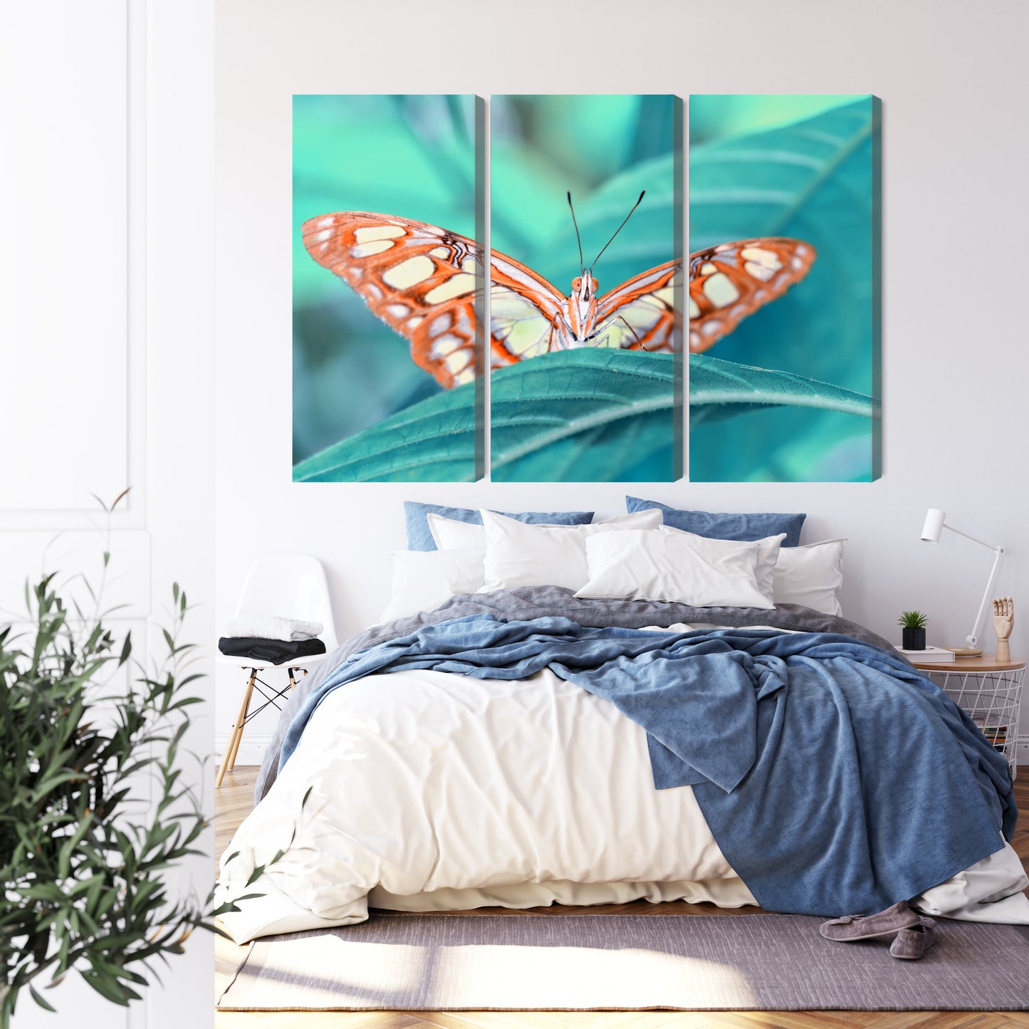 Obraz Wieloczęściowy Motyl na Liściu – botaniczny spokój do wnętrz naturalnych, skandynawskich i eko – widok 2
