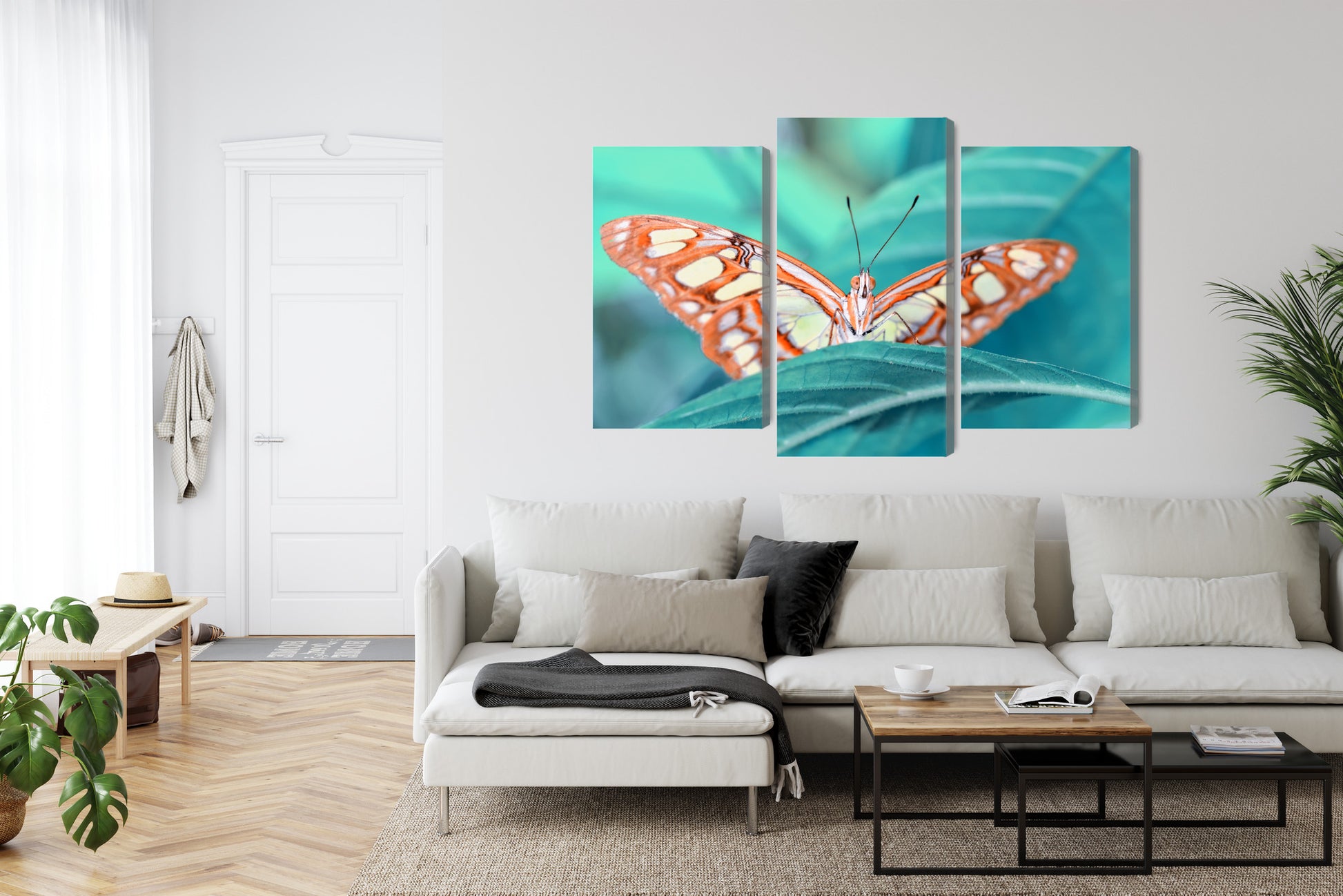 Obraz Wieloczęściowy Motyl Na Liściu – natura w detalu do wnętrz skandynawskich, botanicznych i nowoczesnych – widok 5