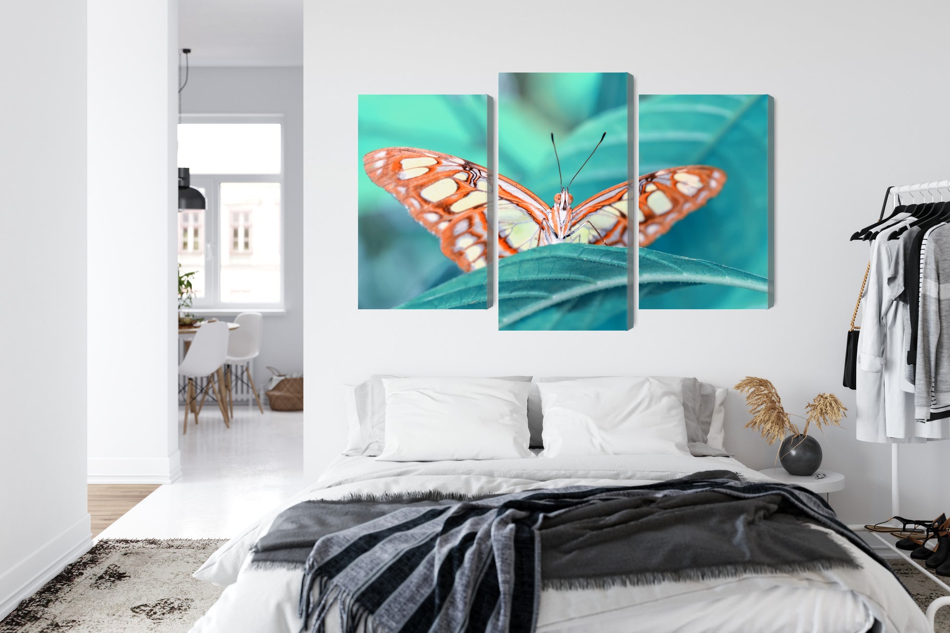 Obraz Wieloczęściowy Motyl Na Liściu – natura w detalu do wnętrz skandynawskich, botanicznych i nowoczesnych – widok 6