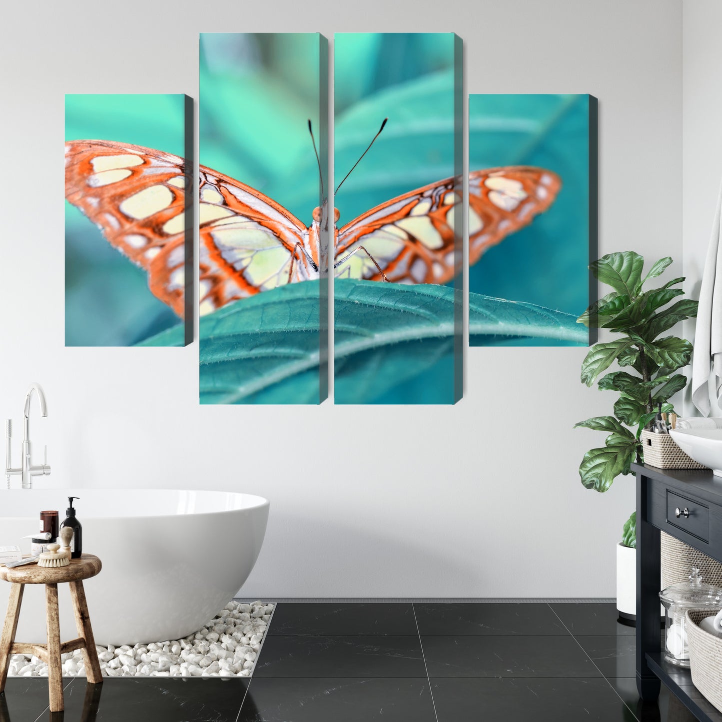 Obraz Wieloczęściowy Motyl na Liściu Makro – natura i spokój do wnętrz naturalnych, skandynawskich i nowoczesnych – widok 4