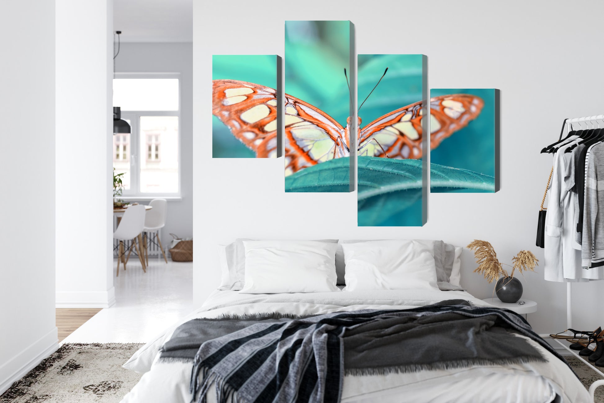 Obraz Wieloczęściowy Motyl na Liściu – Botaniczny Detal do wnętrz Naturalnych, Skandynawskich i Nowoczesnych – widok 6