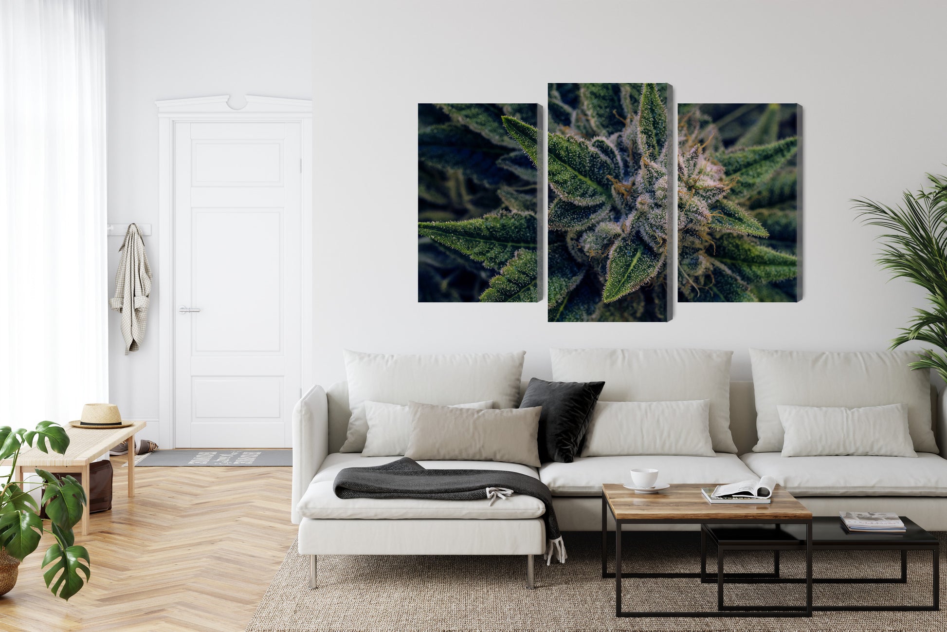 Obraz Wieloczęściowy Liście Konopi – botaniczna zieleń do wnętrz naturalnych, boho i urban jungle – widok 5