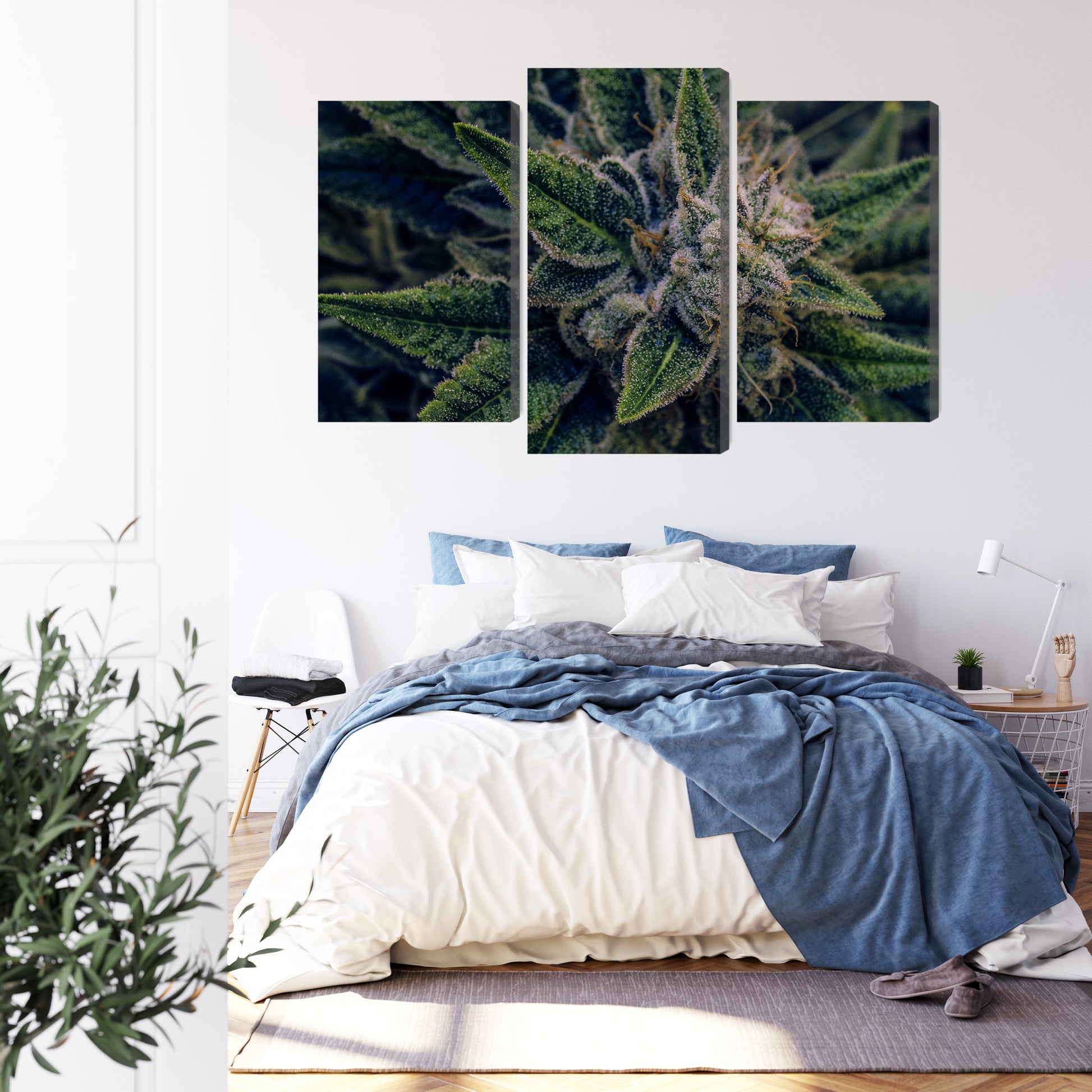 Obraz Wieloczęściowy Liście Konopi – botaniczna zieleń do wnętrz naturalnych, boho i urban jungle – widok 2
