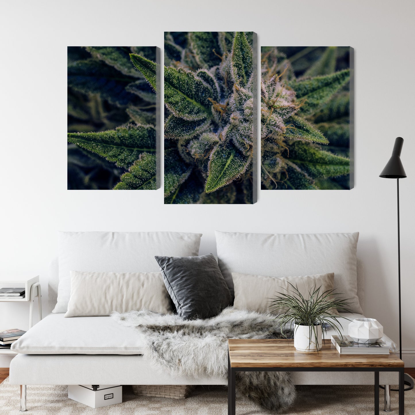 Obraz Wieloczęściowy Liście Konopi – botaniczna zieleń do wnętrz naturalnych, boho i urban jungle – widok 3