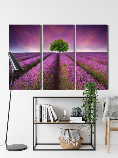 Obraz Wieloczęściowy Drzewo na Lawendowym Polu – sielski spokój do wnętrz boho, shabby chic i hygge – widok 8