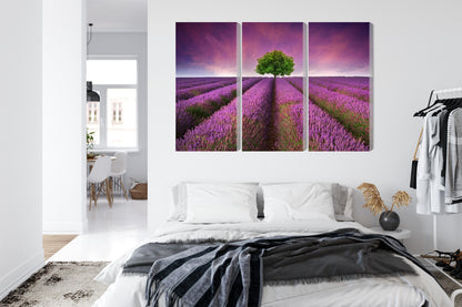 Obraz Wieloczęściowy Drzewo na Lawendowym Polu – sielski spokój do wnętrz boho, shabby chic i hygge – widok 6