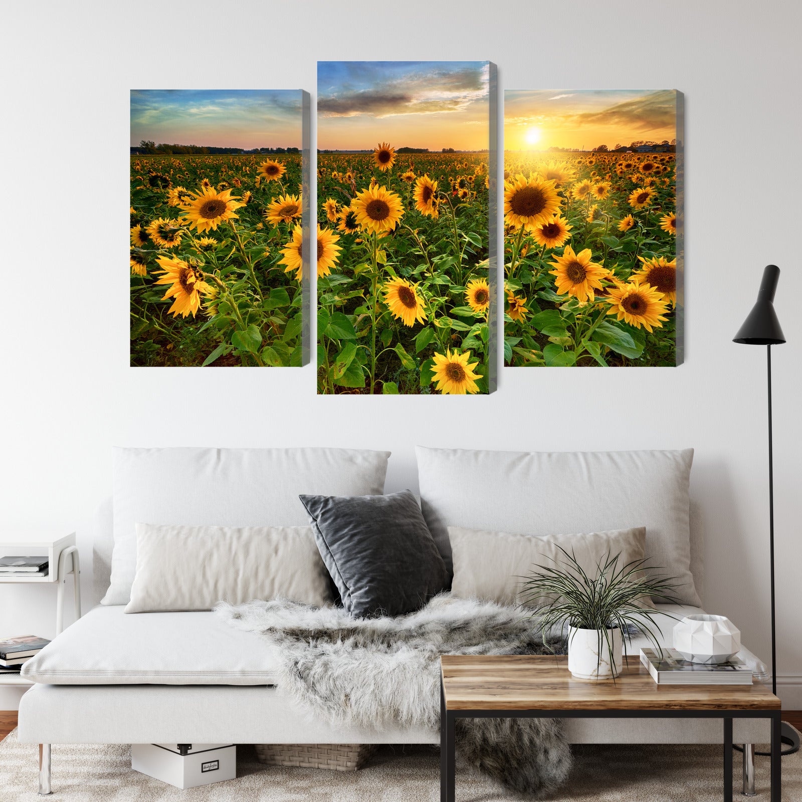 Obraz Wieloczęściowy Słoneczniki O Zachodzie – ciepły krajobraz do wnętrz boho, rustykalnych i prowansalskich – widok 3