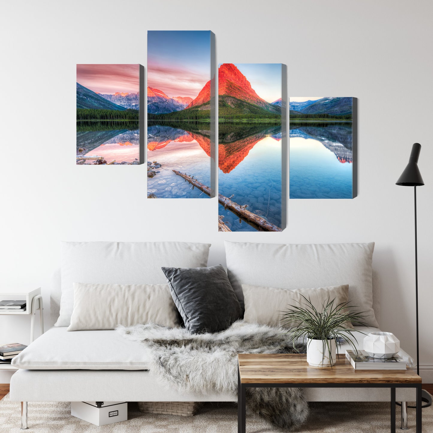 Obraz Wieloczęściowy Jezioro Swiftcurrent Lake – harmonia natury do wnętrz modern classic i japandi – widok 3