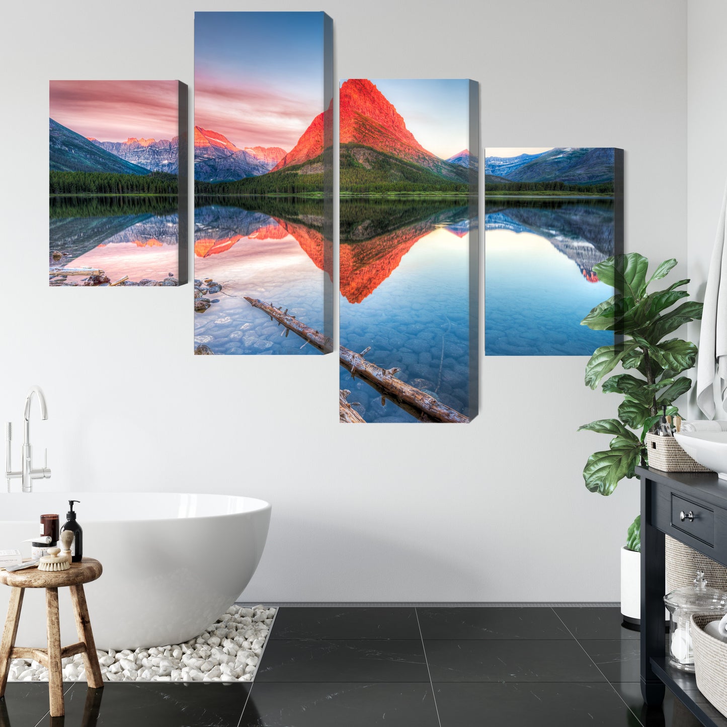 Obraz Wieloczęściowy Jezioro Swiftcurrent Lake – harmonia natury do wnętrz modern classic i japandi – widok 4