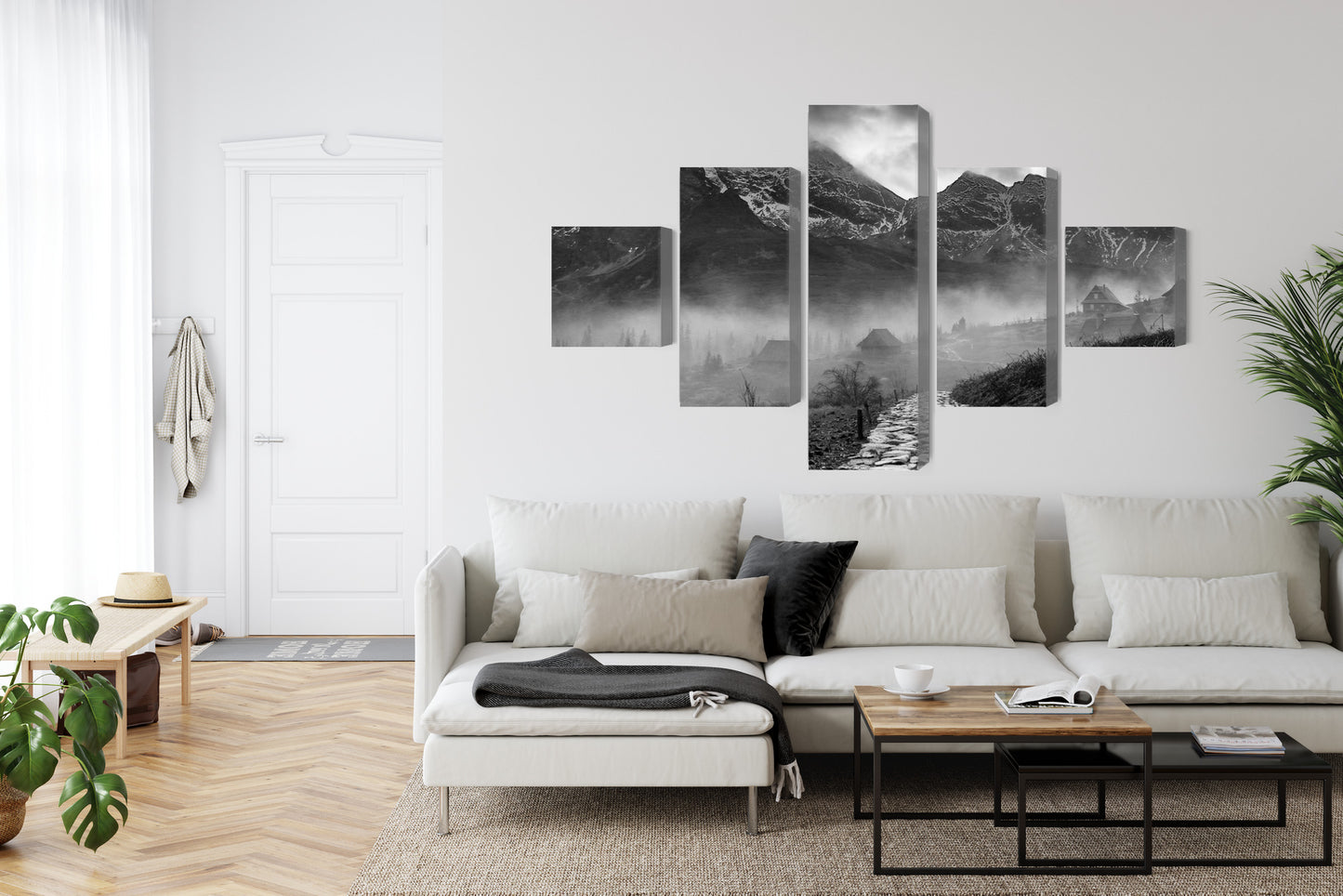 Obraz Wieloczęściowy Hala Gąsienicowa – czarno-biała panorama Tatr do wnętrz nowoczesnych i minimalistycznych – widok 5