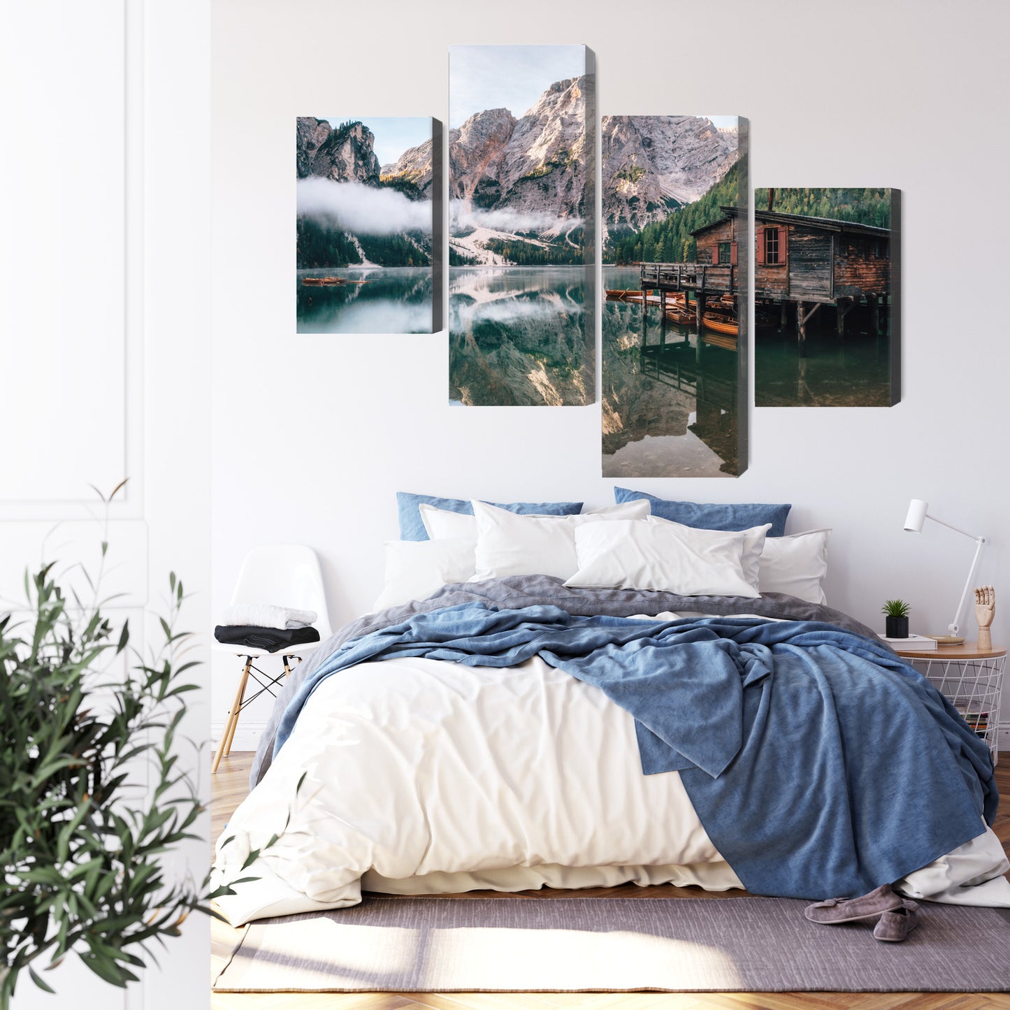Obraz Wieloczęściowy Domek nad Jeziorem Braies – pejzaż relaksujący do wnętrz boho i rustykalnych – widok 2