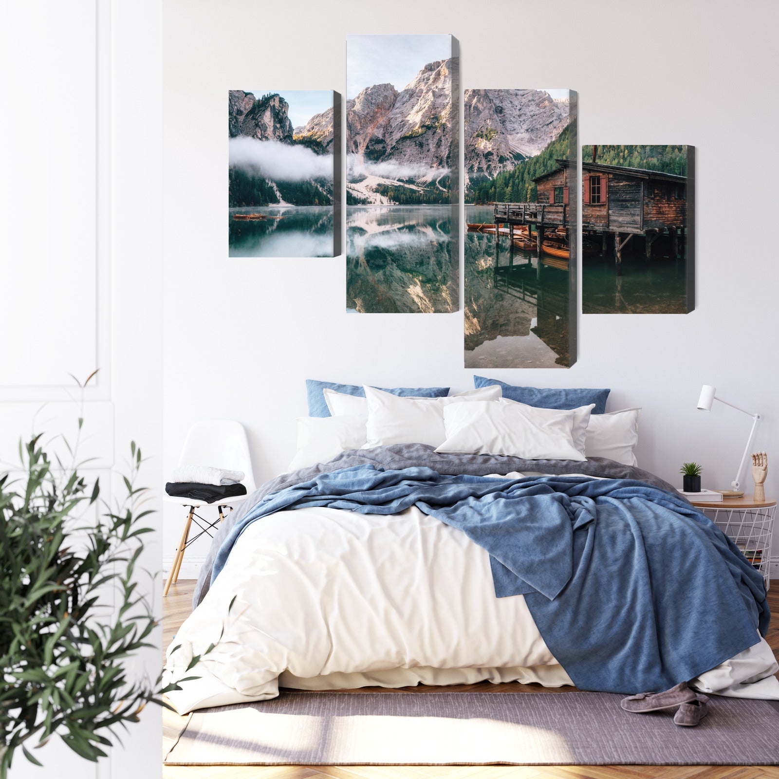 Obraz Wieloczęściowy Domek nad Jeziorem Braies – pejzaż relaksujący do wnętrz boho i rustykalnych – widok 2