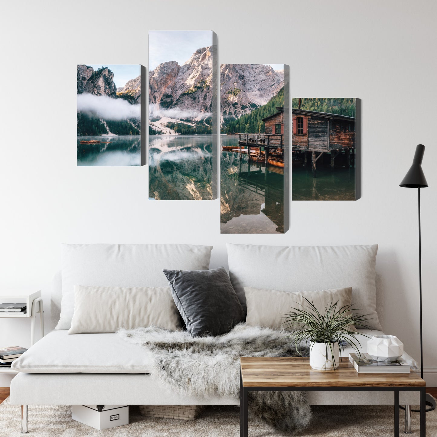 Obraz Wieloczęściowy Domek nad Jeziorem Braies – pejzaż relaksujący do wnętrz boho i rustykalnych – widok 3