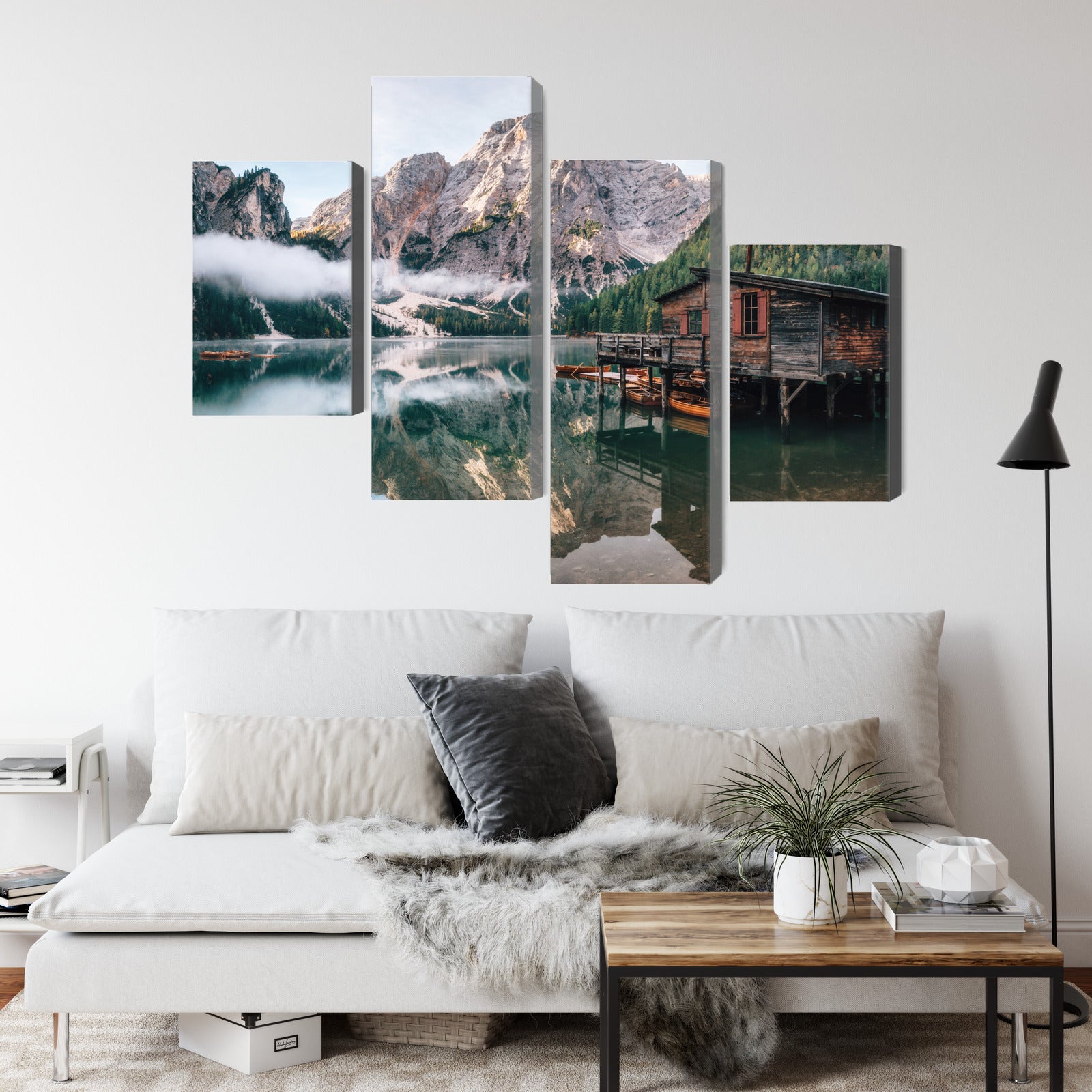 Obraz Wieloczęściowy Domek nad Jeziorem Braies – pejzaż relaksujący do wnętrz boho i rustykalnych – widok 3