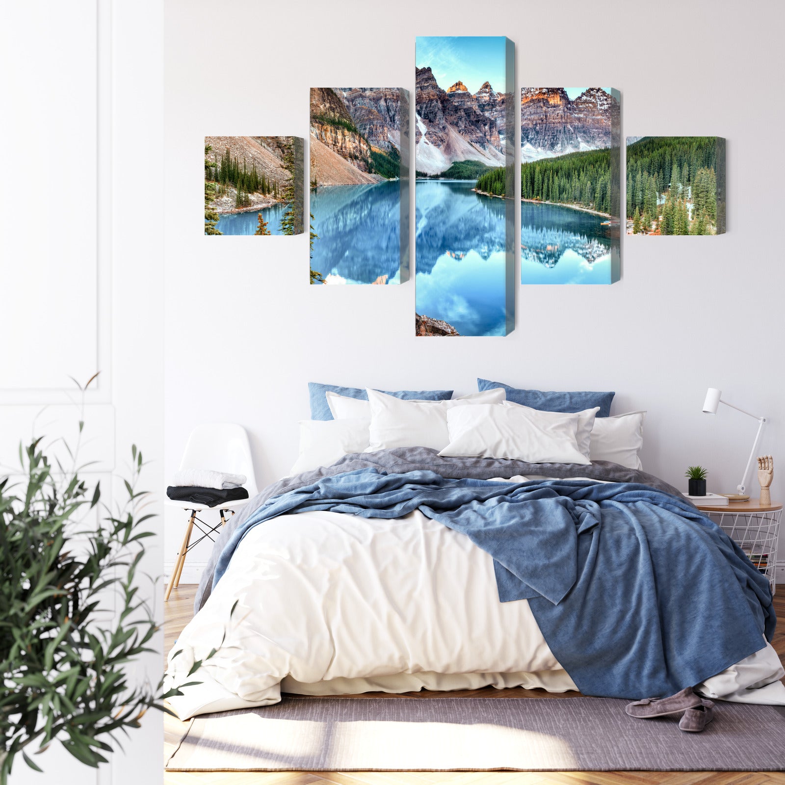 Obraz Wieloczęściowy Jezioro Moraine – pejzaż górski do wnętrz minimalistycznych i modern rustic – widok 2
