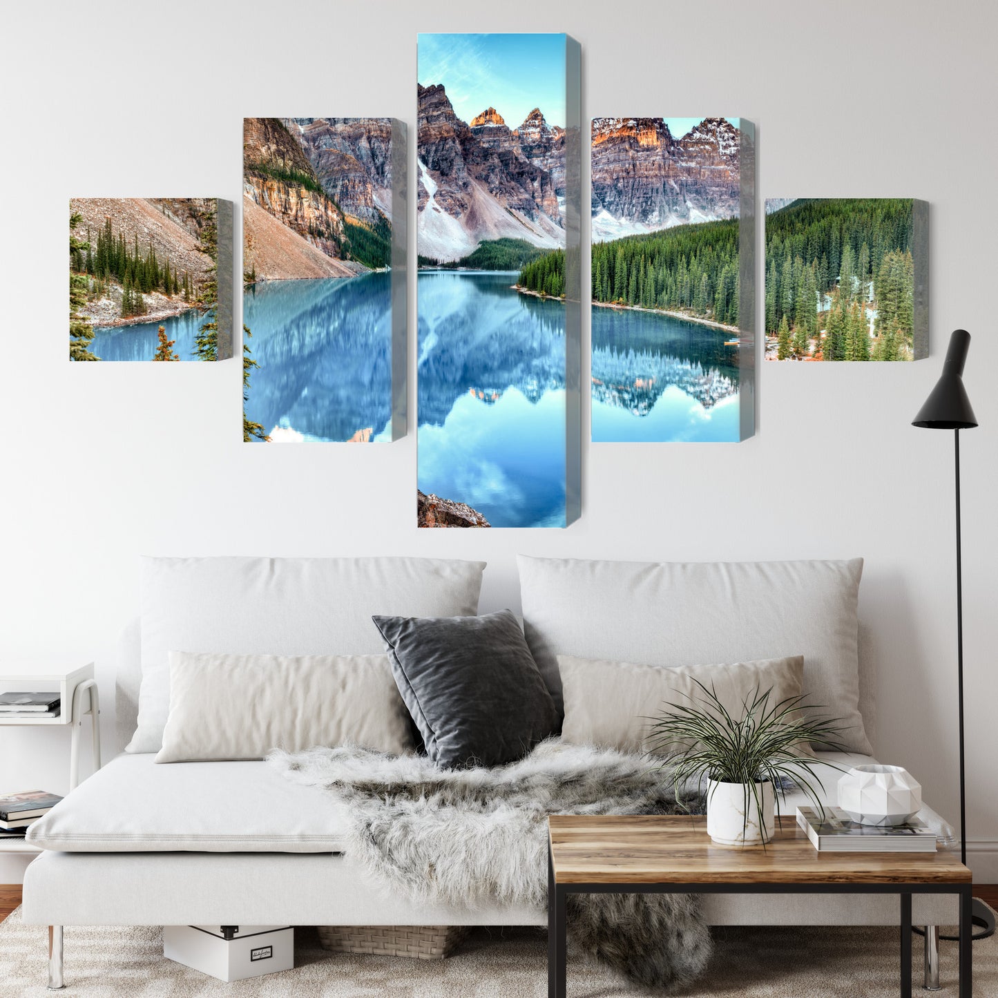 Obraz Wieloczęściowy Jezioro Moraine – pejzaż górski do wnętrz minimalistycznych i modern rustic – widok 3