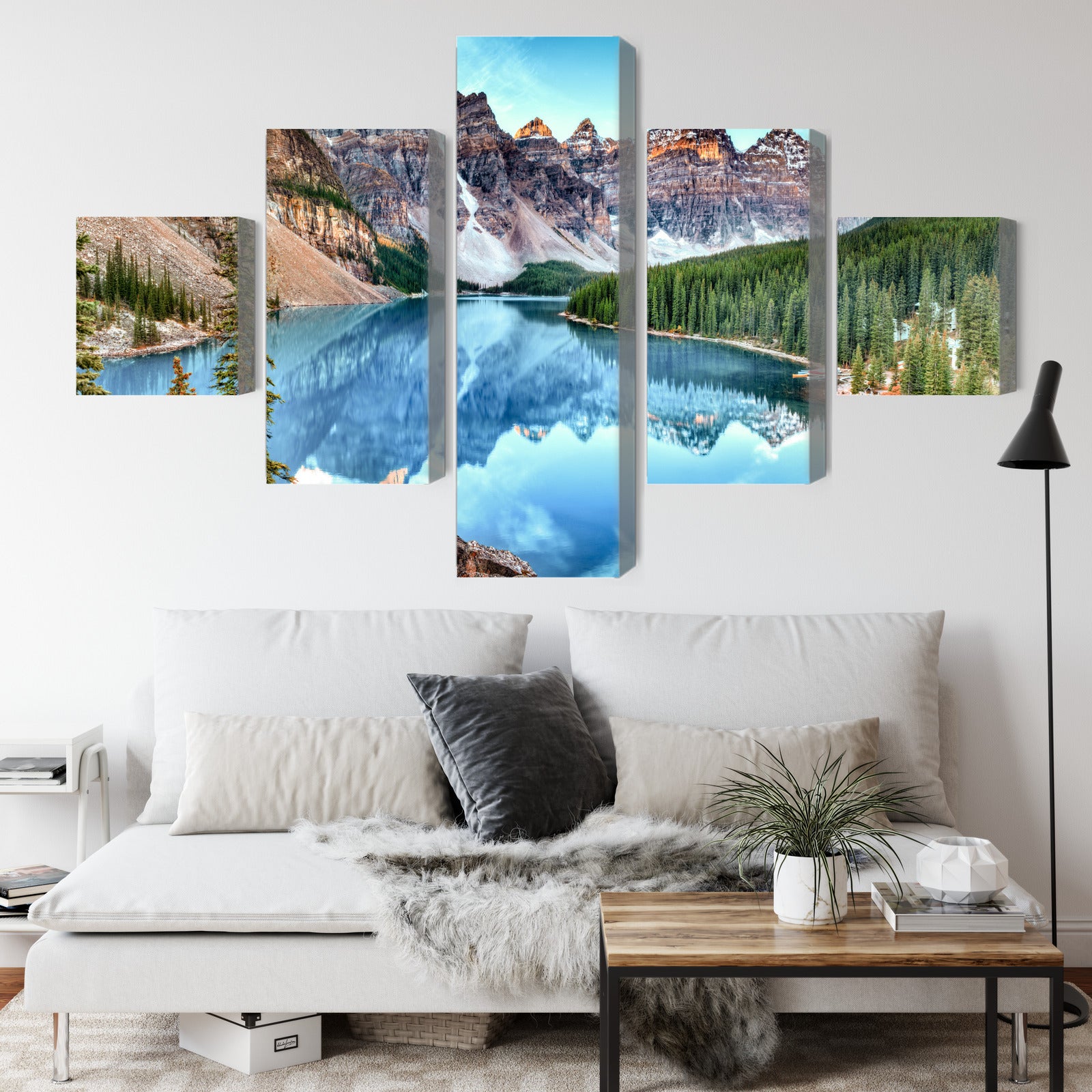 Obraz Wieloczęściowy Jezioro Moraine – pejzaż górski do wnętrz minimalistycznych i modern rustic – widok 3