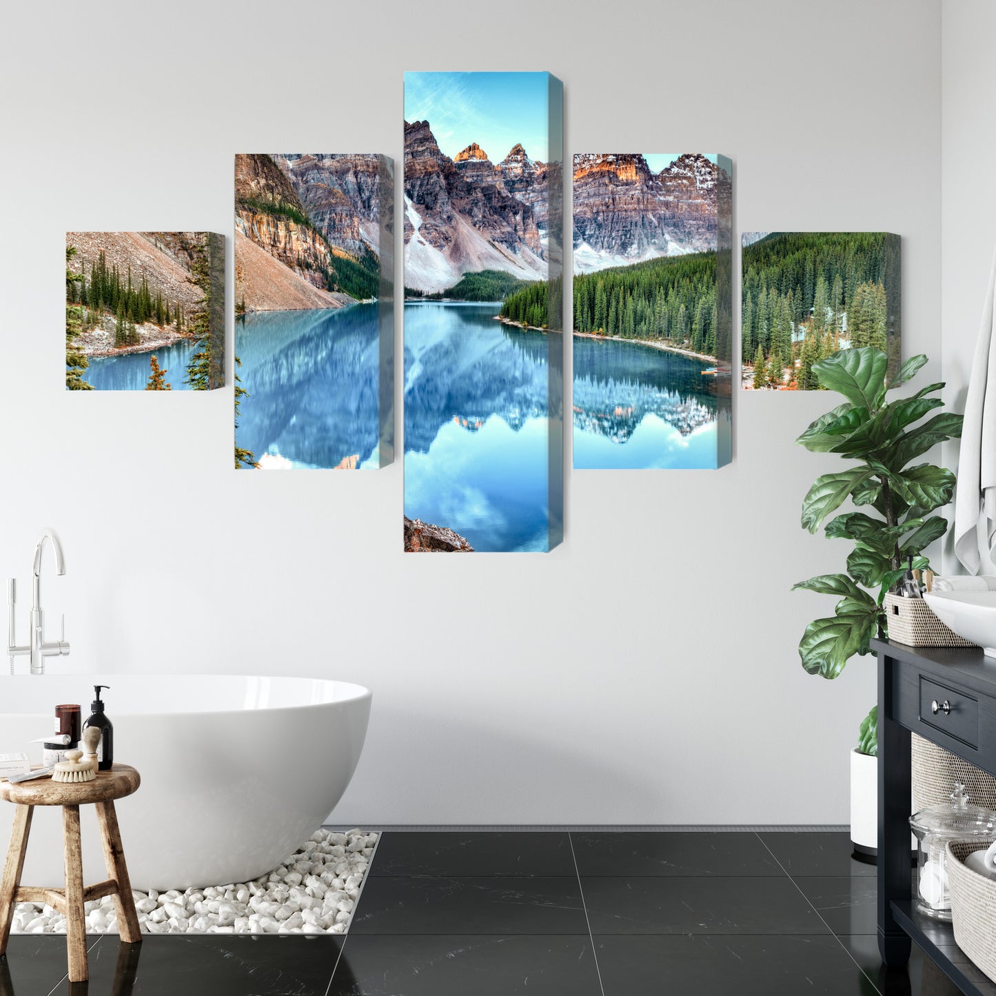 Obraz Wieloczęściowy Jezioro Moraine – pejzaż górski do wnętrz minimalistycznych i modern rustic – widok 4