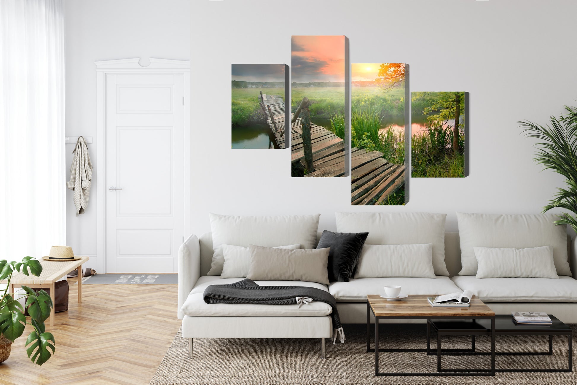 Obraz Wieloczęściowy Łąka O Świcie – sielska panorama do wnętrz skandynawskich i boho – widok 5