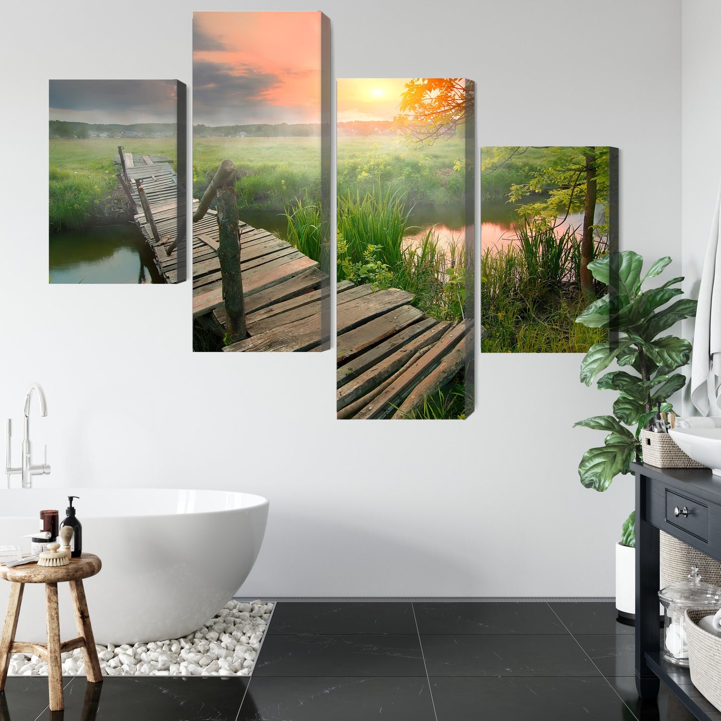 Obraz Wieloczęściowy Łąka O Świcie – sielska panorama do wnętrz skandynawskich i boho – widok 4