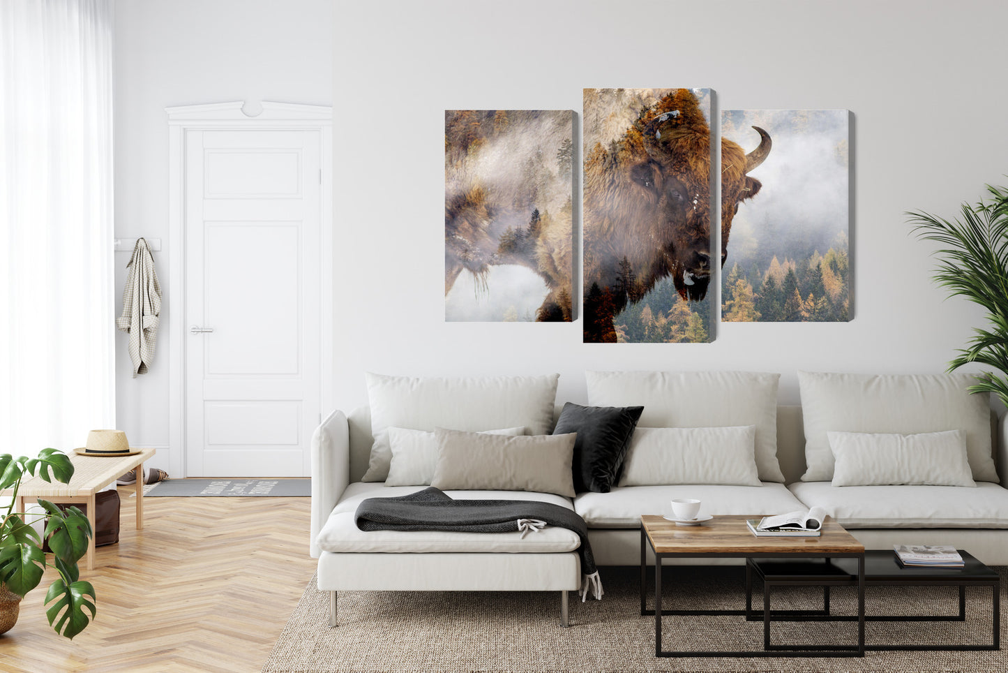Obraz Wieloczęściowy Żubr w Mgle – leśna panorama do wnętrz naturalnych, hygge i nowoczesnych – widok 5