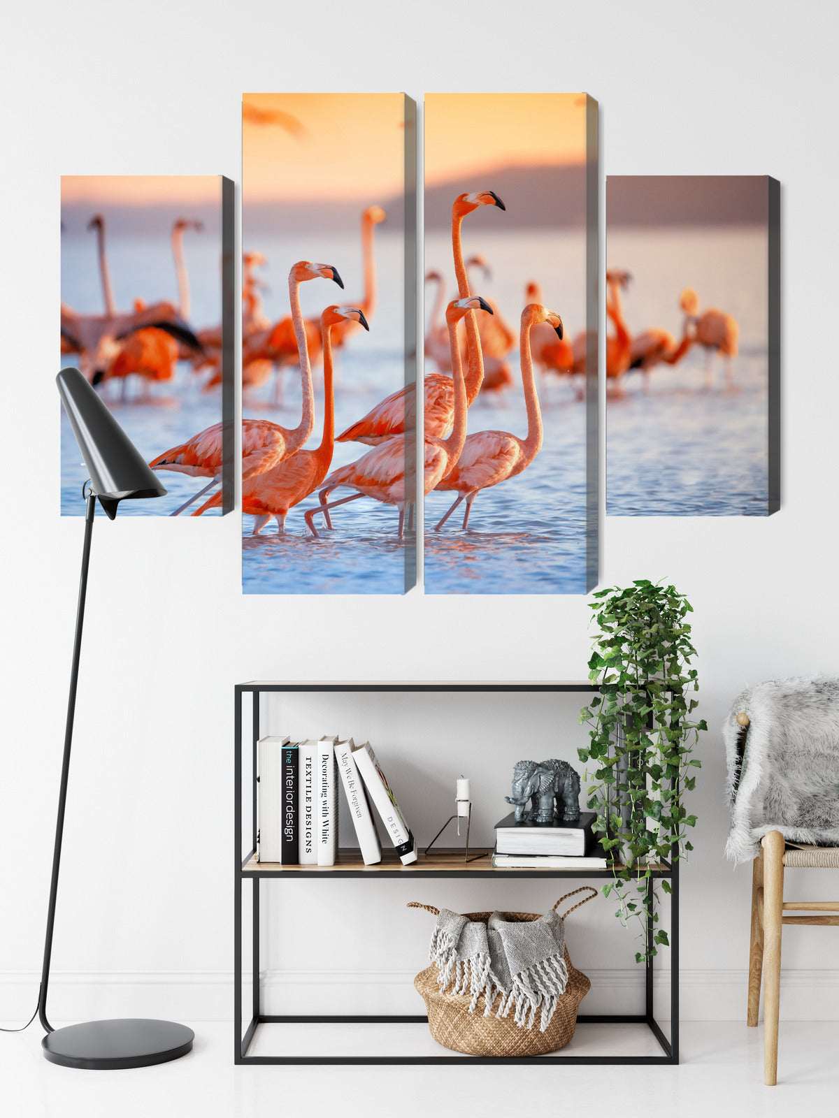 Obraz Wieloczęściowy Stado Flamingów nad Wodą – delikatna kompozycja do wnętrz modern classic i boho – widok 8
