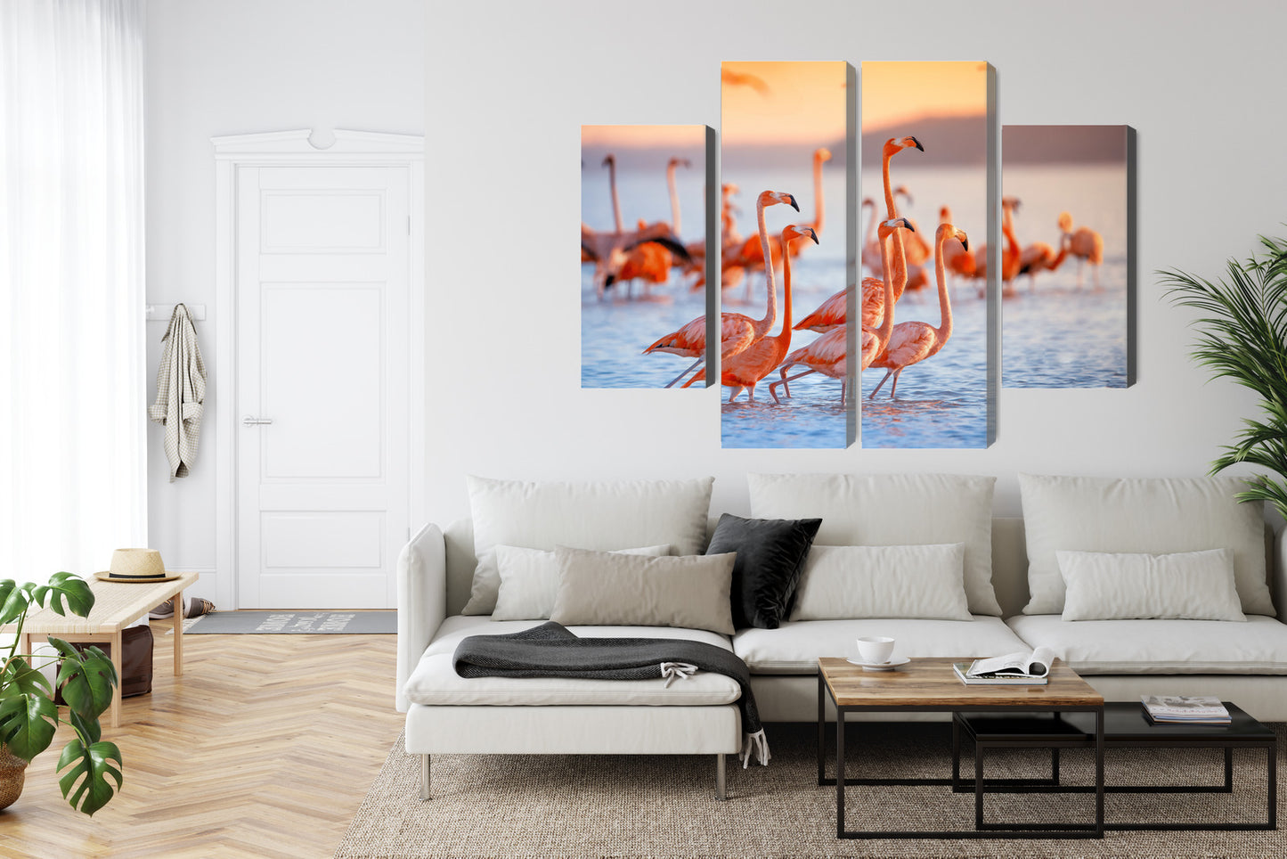 Obraz Wieloczęściowy Stado Flamingów nad Wodą – delikatna kompozycja do wnętrz modern classic i boho – widok 5