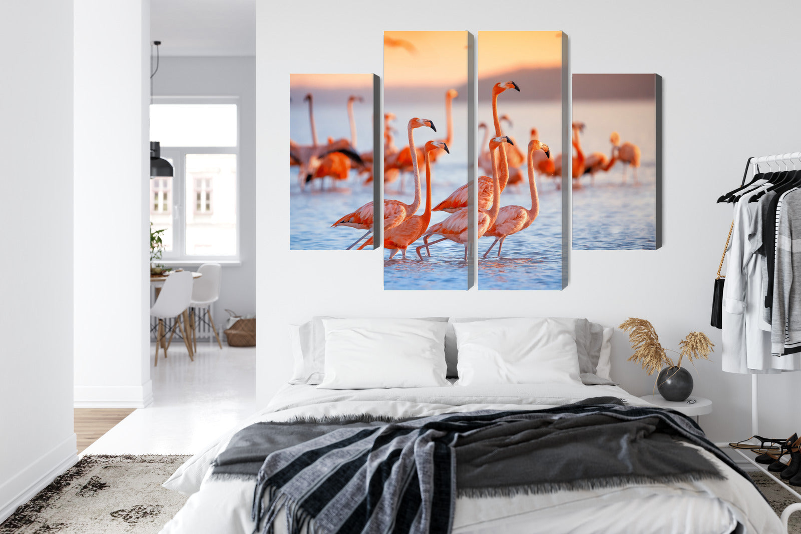 Obraz Wieloczęściowy Stado Flamingów nad Wodą – delikatna kompozycja do wnętrz modern classic i boho – widok 6