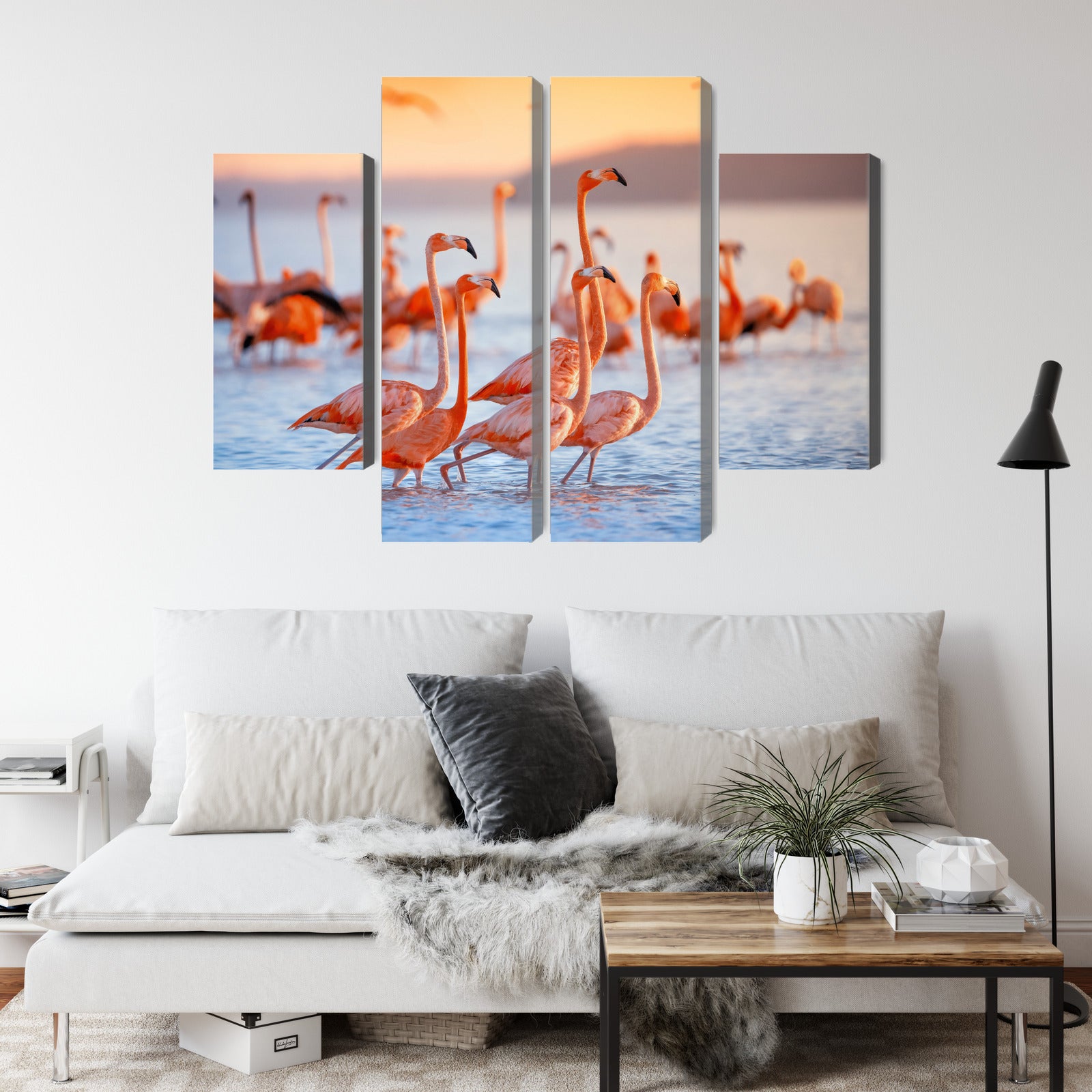 Obraz Wieloczęściowy Stado Flamingów nad Wodą – delikatna kompozycja do wnętrz modern classic i boho – widok 3