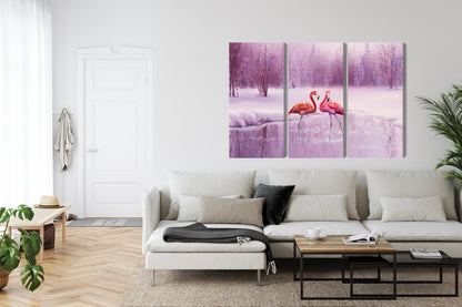 Obraz Wieloczęściowy Flamingi w Fiolecie – egzotyczna panorama do wnętrz Boho, Nowoczesnych, Eklektycznych – widok 5