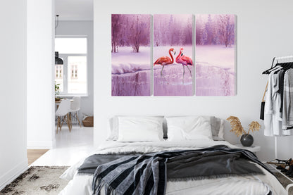 Obraz Wieloczęściowy Flamingi w Fiolecie – egzotyczna panorama do wnętrz Boho, Nowoczesnych, Eklektycznych – widok 6