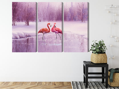 Obraz Wieloczęściowy Flamingi w Fiolecie – egzotyczna panorama do wnętrz Boho, Nowoczesnych, Eklektycznych – widok 7