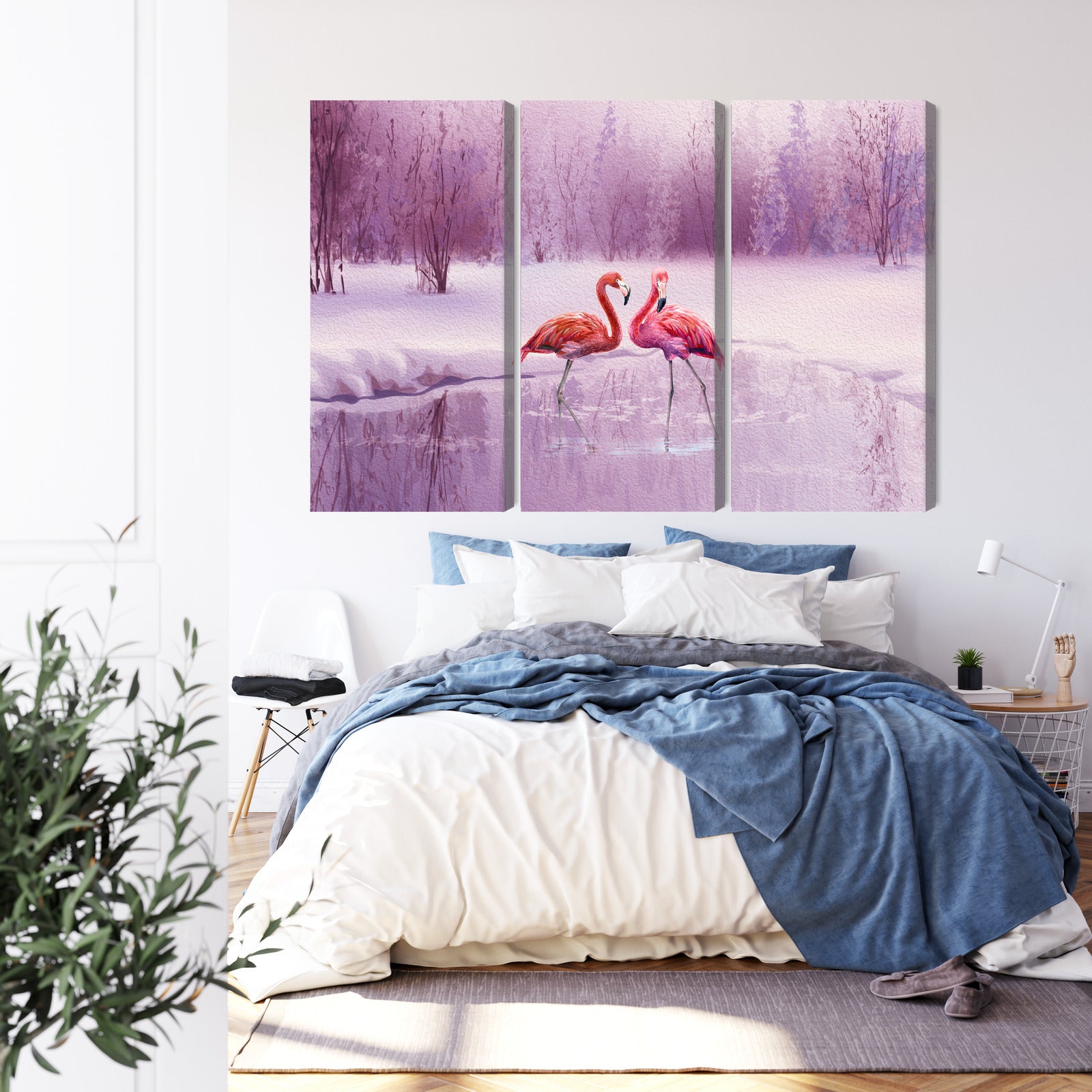 Obraz Wieloczęściowy Flamingi w Fiolecie – egzotyczna panorama do wnętrz Boho, Nowoczesnych, Eklektycznych – widok 2