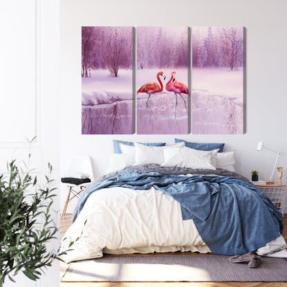 Obraz Wieloczęściowy Flamingi w Fiolecie – egzotyczna panorama do wnętrz Boho, Nowoczesnych, Eklektycznych – widok 2